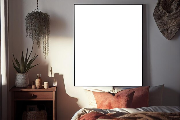 Wall art poster framed picture mockup in modern interior over bed