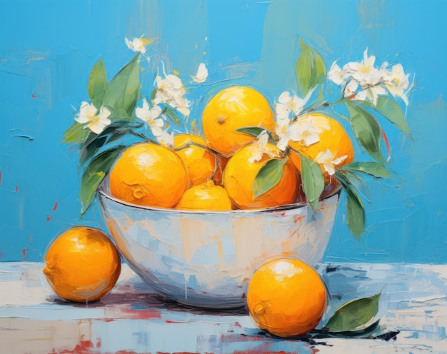 Wall art poster with Lemons in a white bowl on a blue background in abstract oil painting style