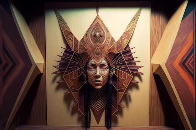 A wall art with a face made of wood and a star design.