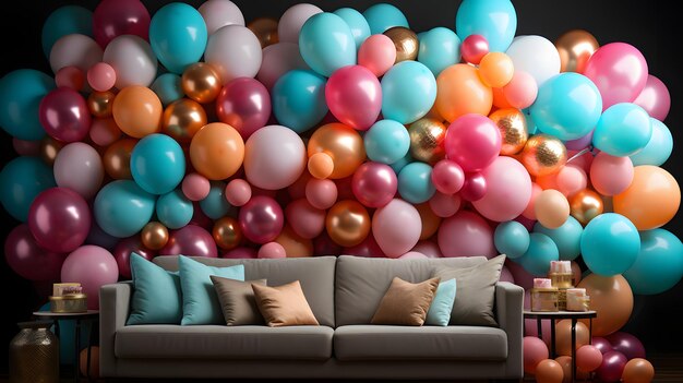 Wall of balloons in varying shades of blue pink and red Theres a small table with candles and fl