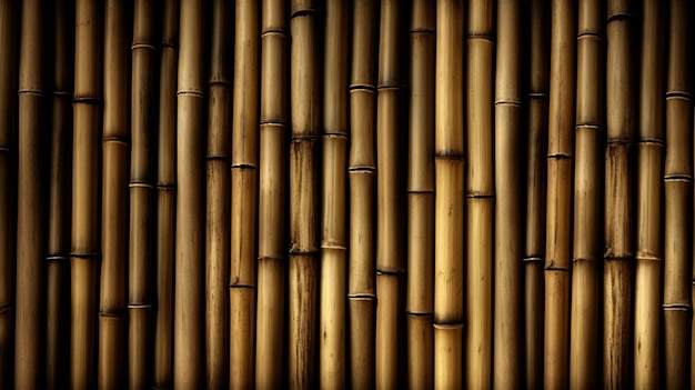 A wall of bamboo that has a dark background.