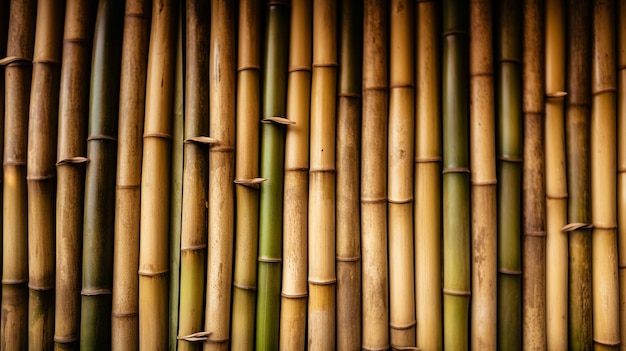 A wall of bamboo with a green and yellow color.