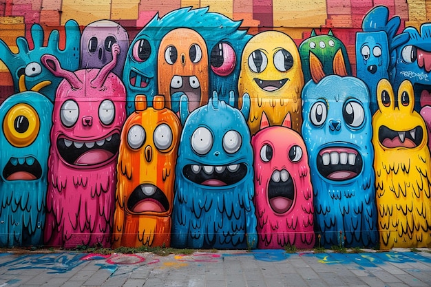 a wall of cartoon characters with different faces painted on it