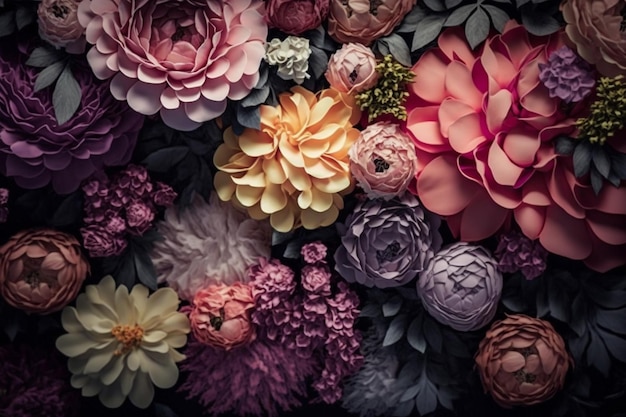 A wall of colorful flowers with a black background