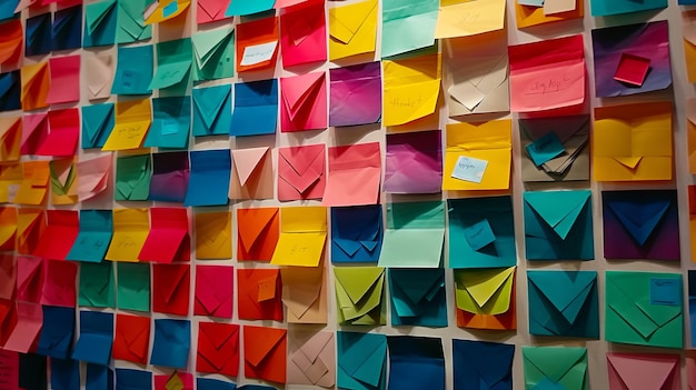 A wall of colorful paper notes with sticky notes