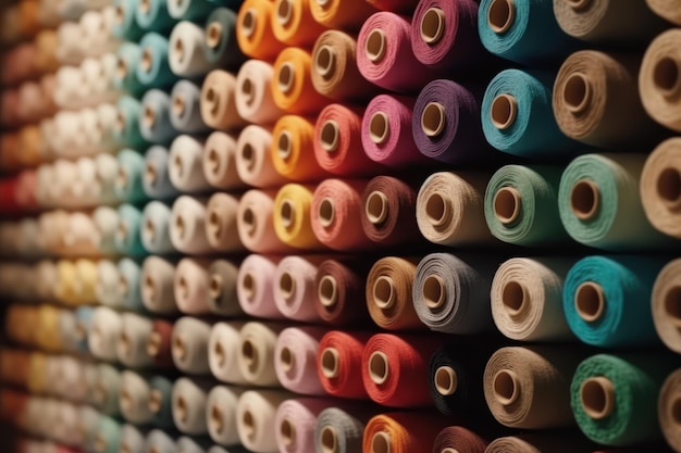 A wall of colorful spools of thread with the word spools on it.