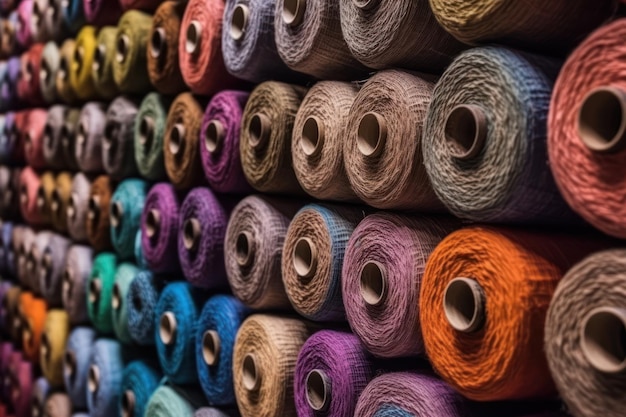 A wall of colorful yarn with a large roll of yarn.