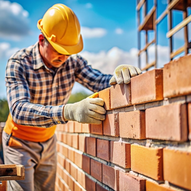 Wall construction Hands of a construction worker building the wall of a house