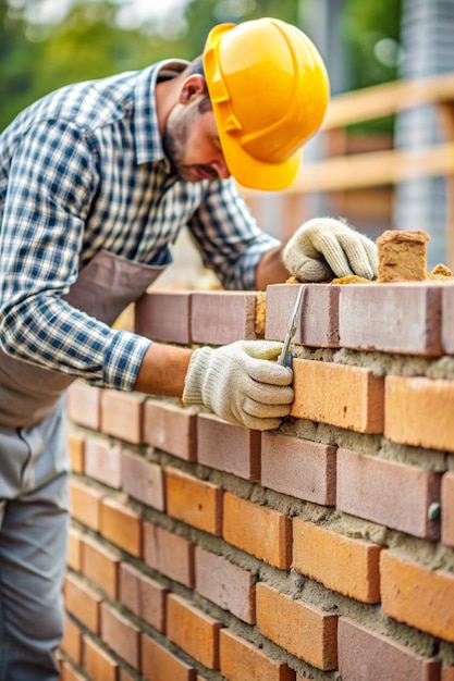 Wall construction Hands of a construction worker building the wall of a house