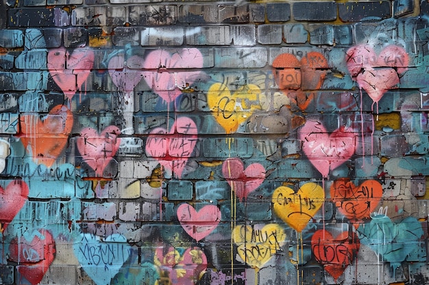 A wall covered in graffiti with many hearts painted on it