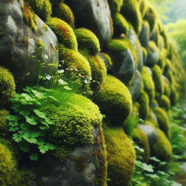 Photo a wall covered in moss with a green plant growing on it