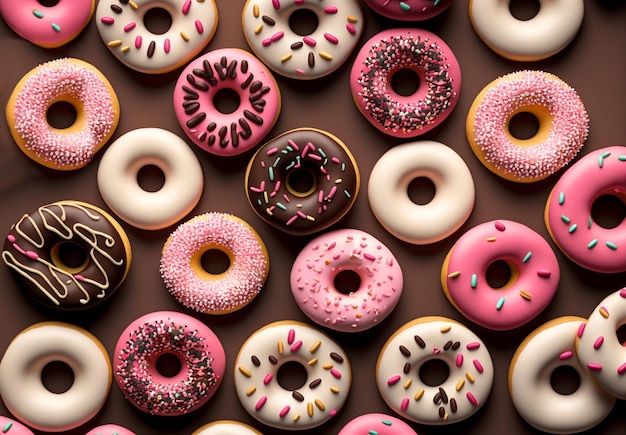 A wall of donuts with pink, white, and black sprinkles.