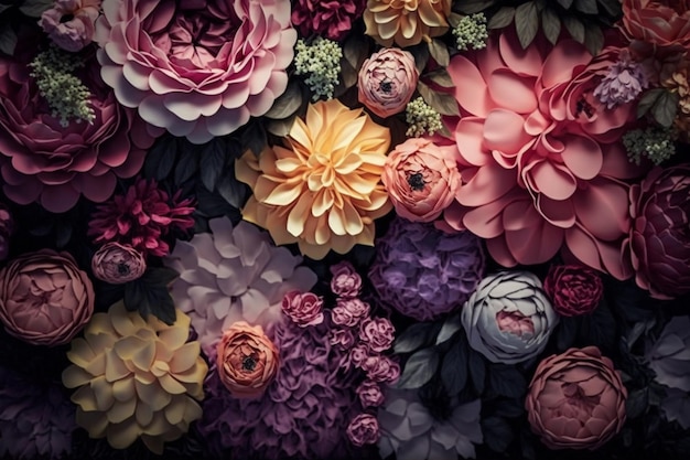 A wall of flowers with a black background and a purple background with a large flower.