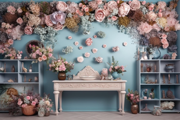 A wall of flowers with a blue background that says'roses '