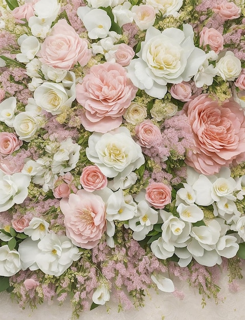 A wall of flowers with a pink and white background