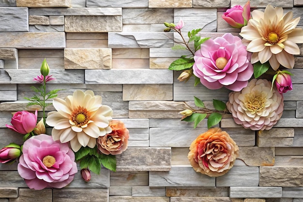 Photo a wall of flowers with a wooden background