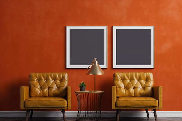 Wall frame mockup with copy space and two chairs