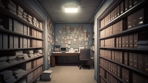 Wall from shelves with file binders an office room with papers and documents Generative ai