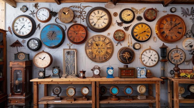 Photo wall full of different clocks at shop