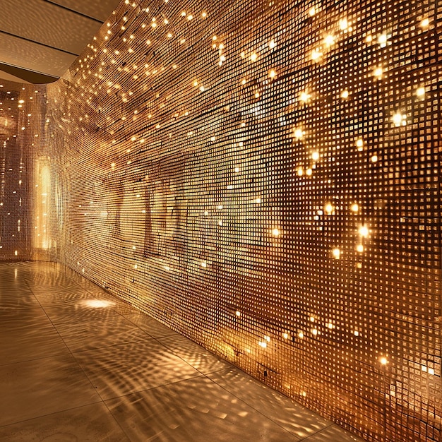 a wall of gold lights with a gold background