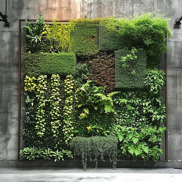 Photo a wall of green plants with a square window with a green background