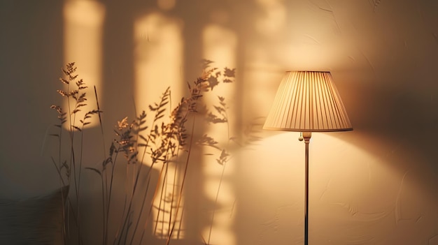 Photo a wall lamp is shining on the left side of an empty beige room illuminated by soft light from a sing