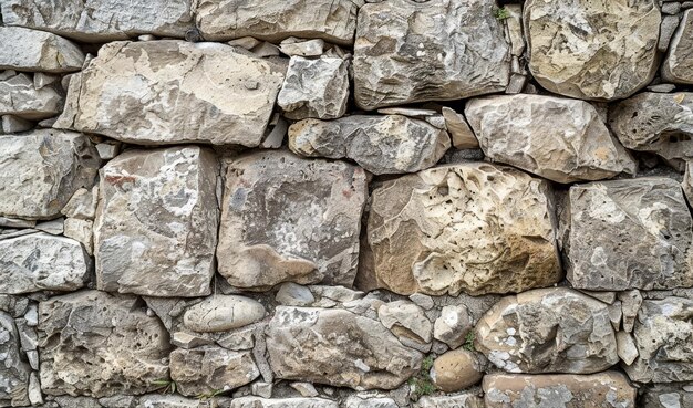 A wall made of large rocks with a rough texture