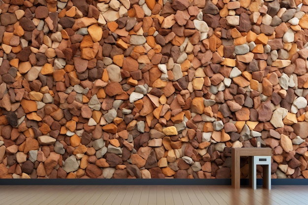 Wall made of small stones and wooden chair