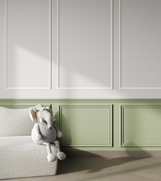 Wall mock up in children room with cozy armchair Classical style interior background 3D render