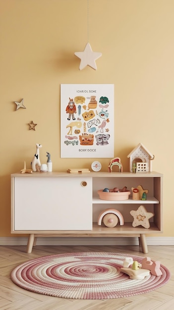 Wall mock up in kids room copy space for your artwork picture poster or sticker childs room mockup