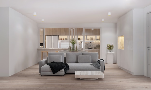 Wall mock up in living room and pantry space and wooden kitchen. Scandinavian interior. 3d rendering, 3d illustratio