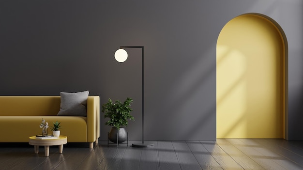 Wall mockup in dark tones with yellow sofa on black wall background