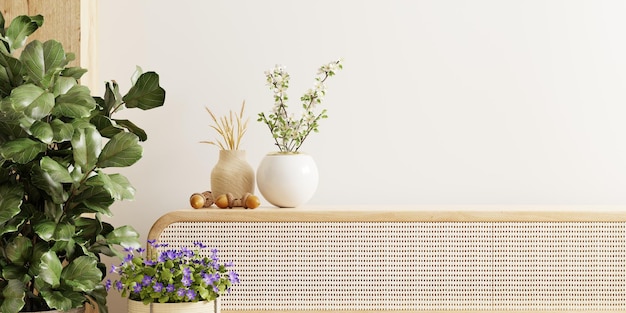 Wall mockup featuring a vase and a vibrant green plant set against a backdrop of white walls and cabinet