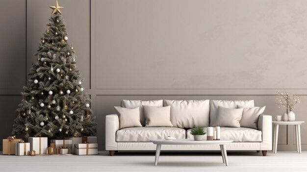 Wall mockup in living room Christmas interior Scandinavian style 3d rendering generated by AI