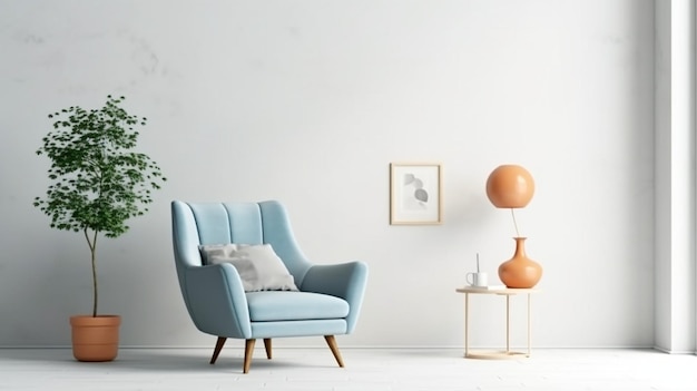 Wall mockup in warm tones with blue armchair on white wall background Generative AI