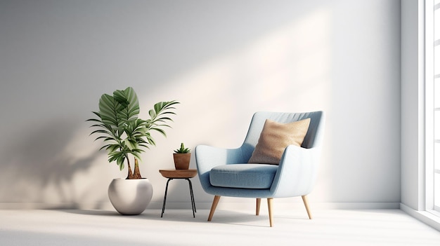 Wall mockup in warm tones with blue armchair on white wall background Generative AI