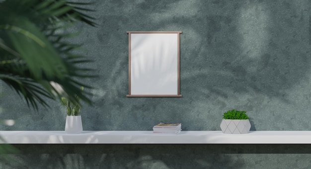 Wall mockup with green plantGreen wall and shelf3D rendering