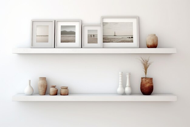 Photo wall mounted floating shelf with photo frames isolated on white background