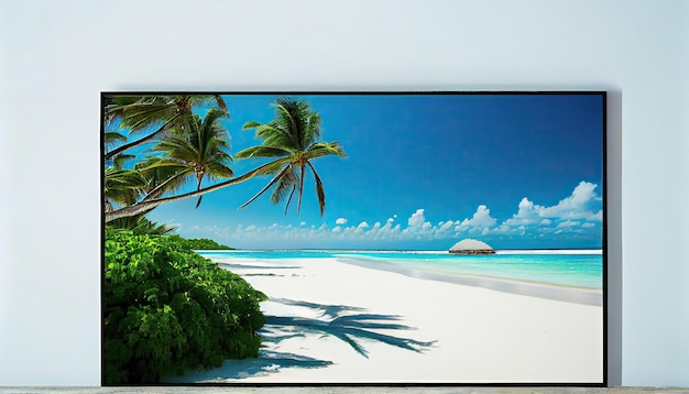 A wall mounted picture of a beach with palm trees