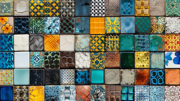 Photo wall of multicolored square ceramic tiles with various designs and patterns