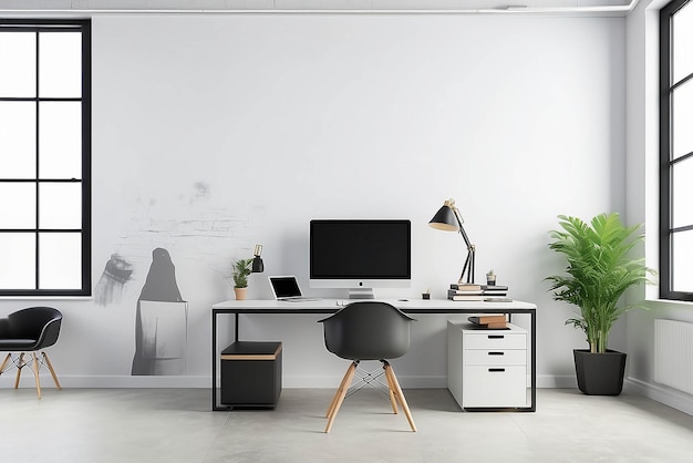 Wall mural in a creative agency office mockup with blank white empty space for placing your design