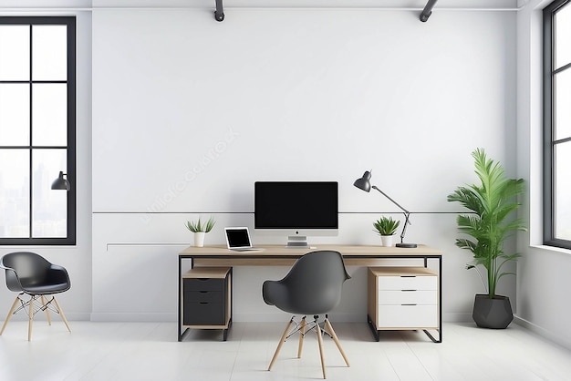 Wall mural in a creative agency office mockup with blank white empty space for placing your design