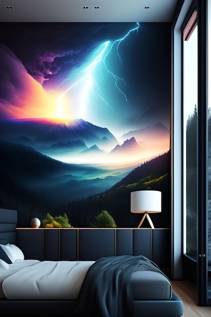 A wall mural of a mountain and a thunderstorm.