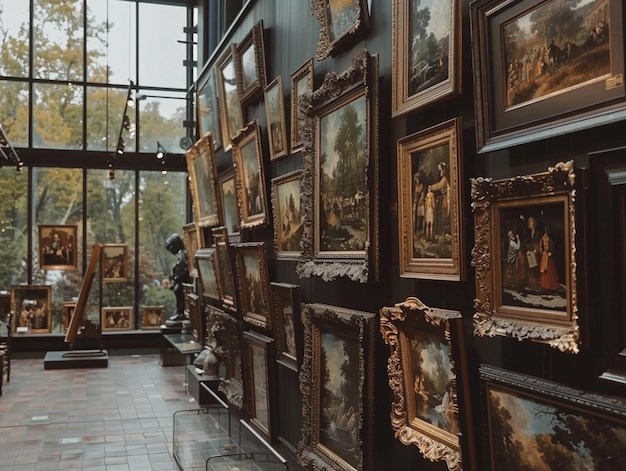 Photo a wall of ornate frames displaying paintings in an art museum