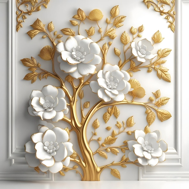 Wall panels classic interior design floral golden white