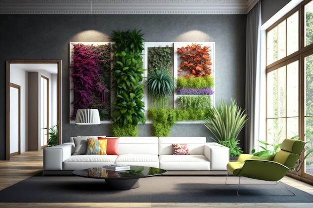 Wall of Plants in Contemporary Living Room