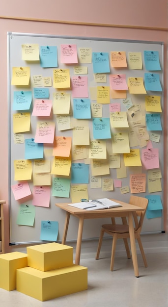 Photo a wall of post it notes with a note on it