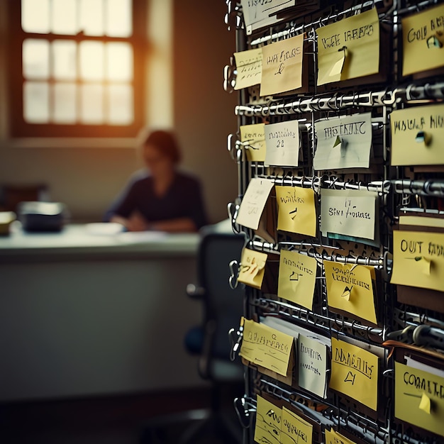 a wall of post it notes with a woman in the background