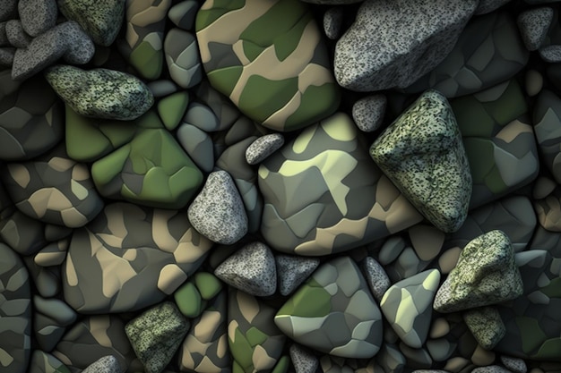 A wall of rocks with a green camouflage pattern.