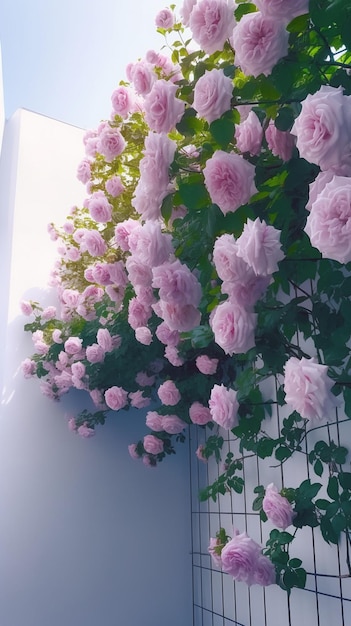 A wall of roses with the sun shining on it